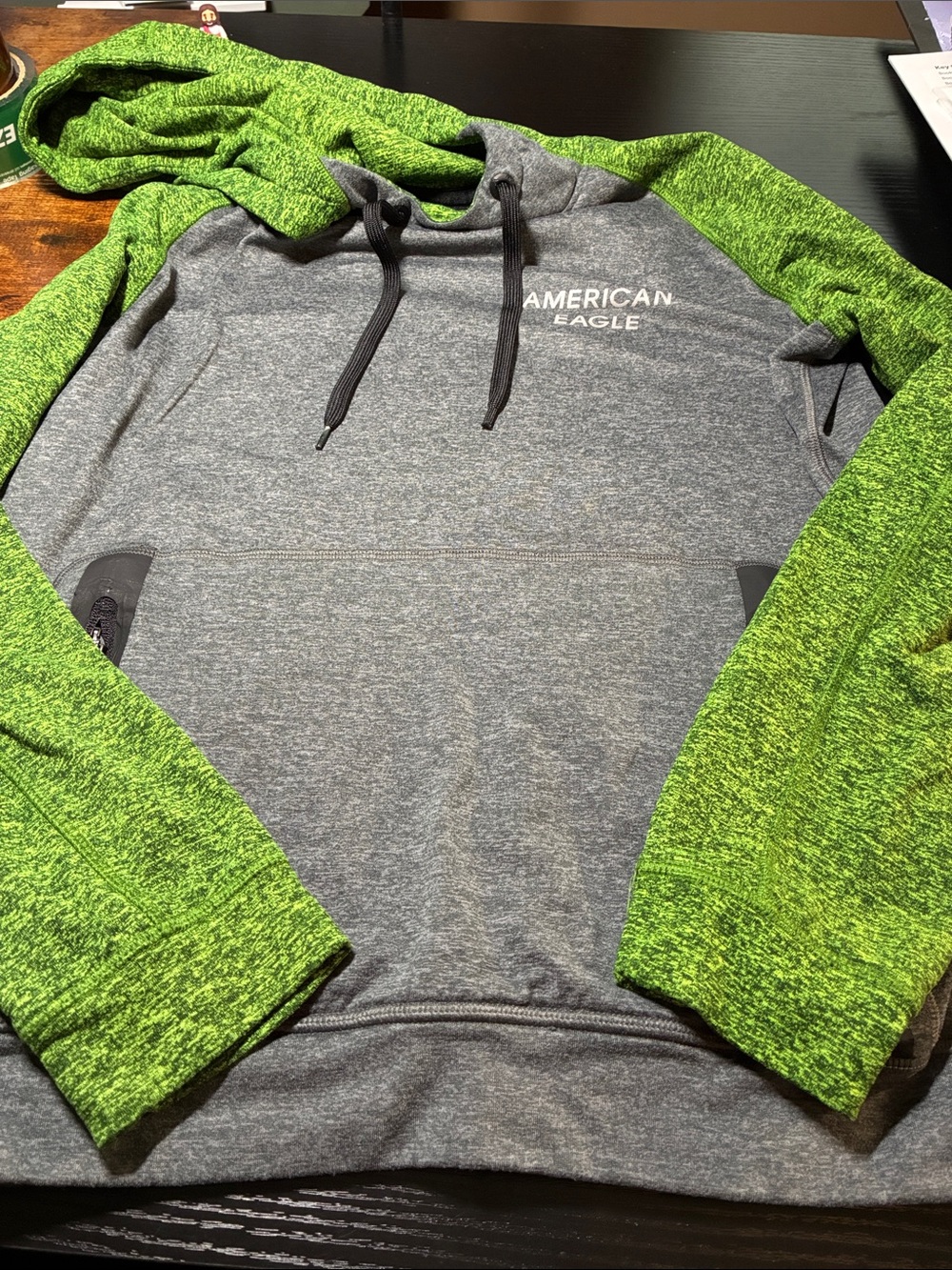 American Eagle Outfitters Grey Body with Green Sleeves Hooded Performance Jacket